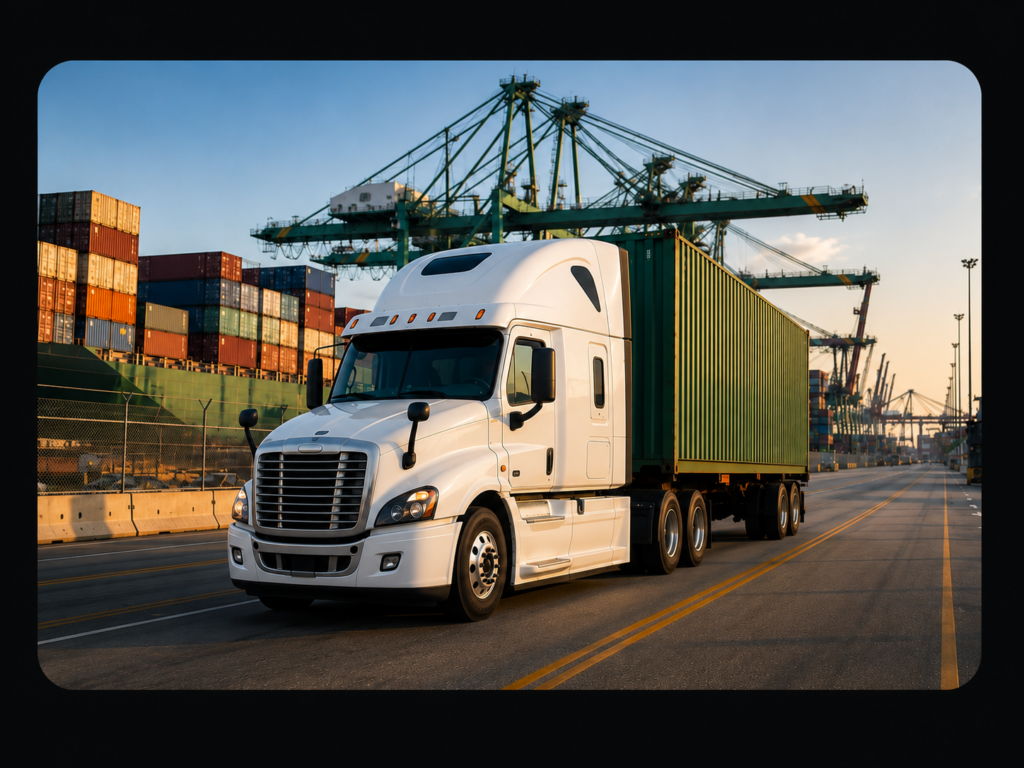 White semi-truck hauling a green shipping container through a Southern California port terminal.