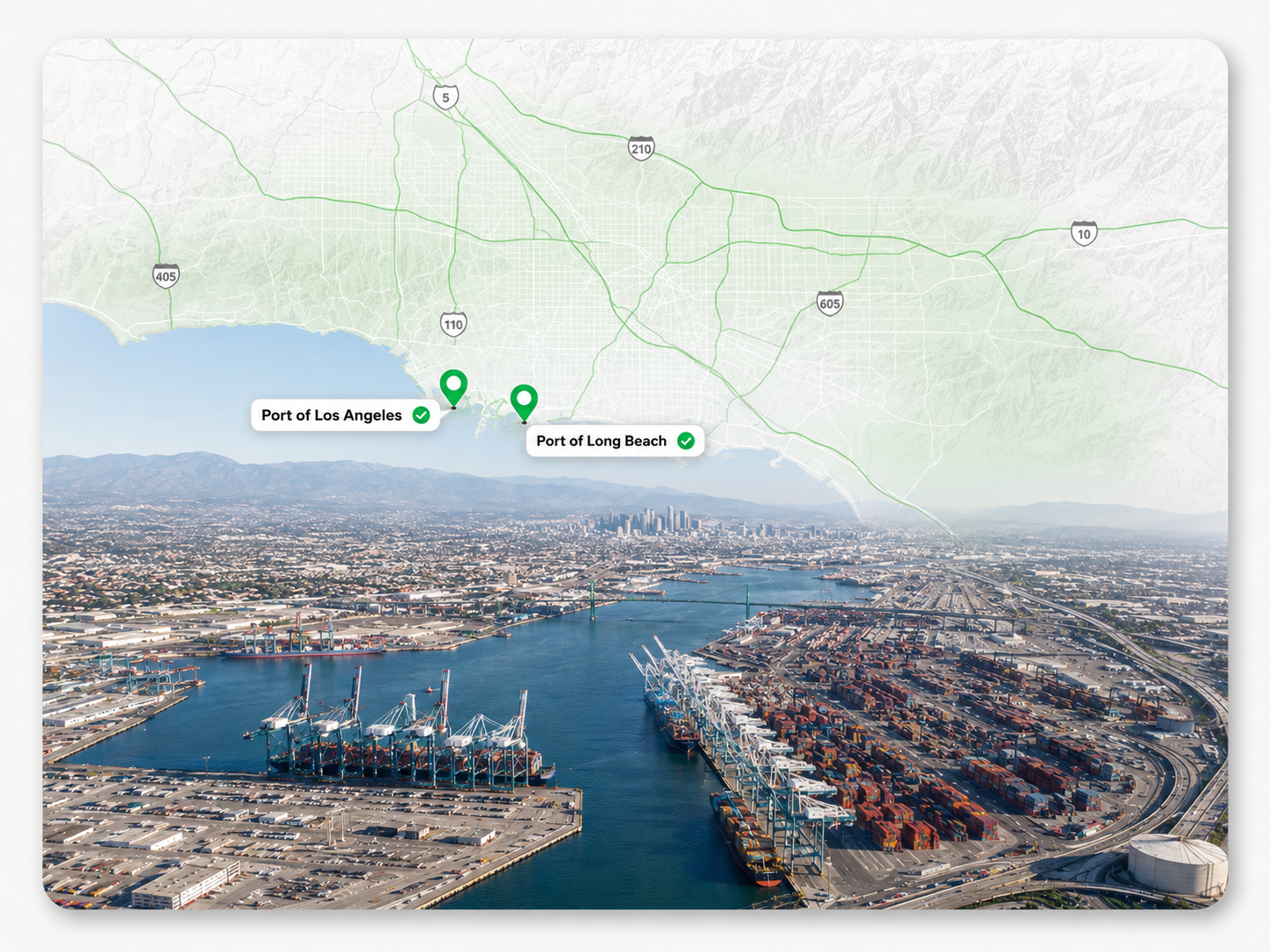 Aerial view of the Los Angeles and Long Beach harbor area with a map overlay highlighting the Port of Los Angeles and Port of Long Beach.