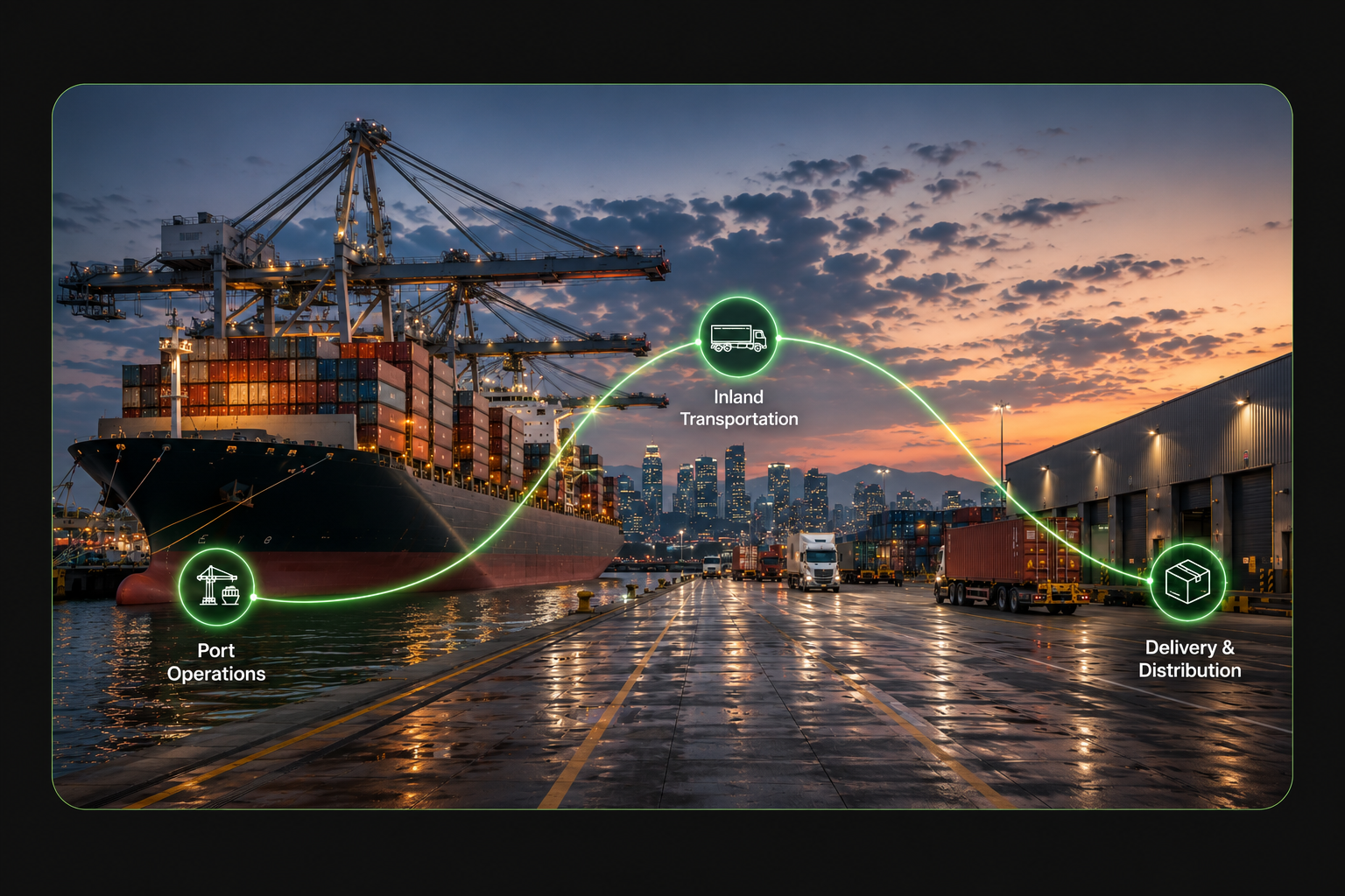 Container ship, port cranes, cargo yard, warehouse, and trucks connected by a green logistics route at a Southern California terminal.