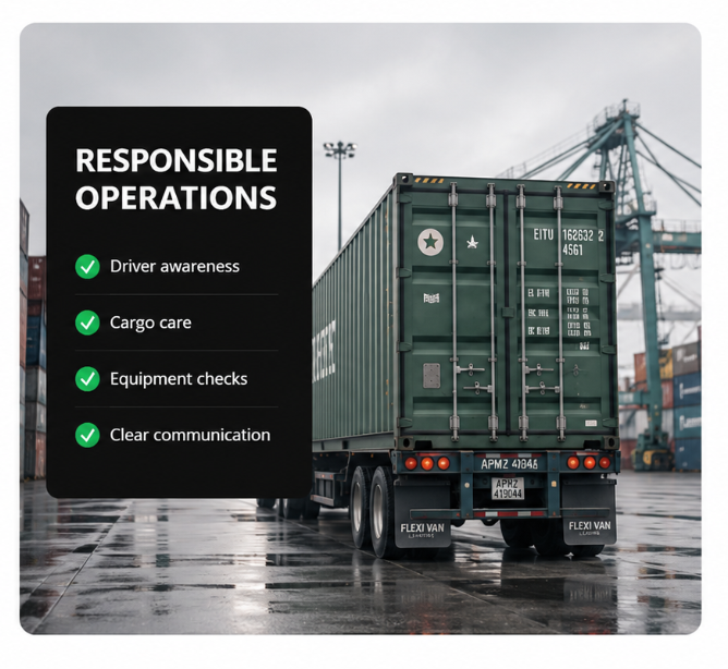 Rear view of a green shipping container on a semi-truck at a port terminal, representing safe and responsible drayage operations.