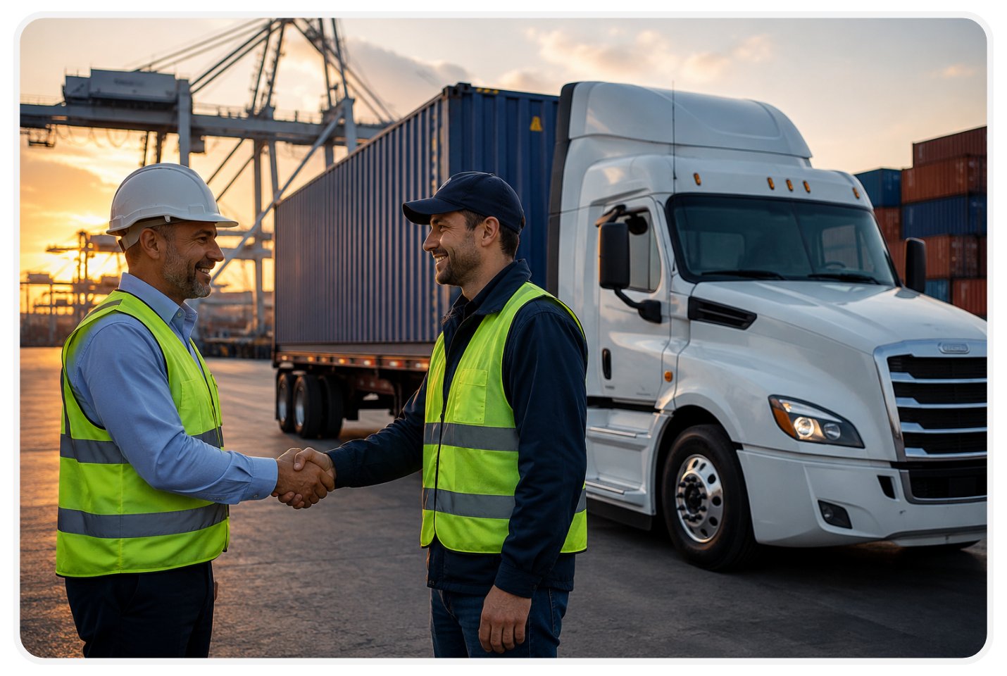 White semi-truck hauling a shipping container through a Southern California port terminal.